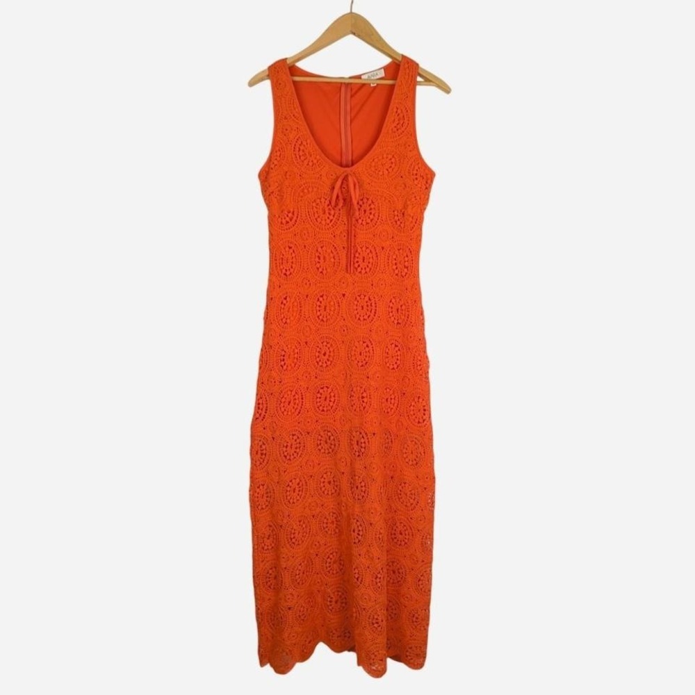 Avara Crochet Medallion Midi Dress Rust Terracotta Tie Neck Large